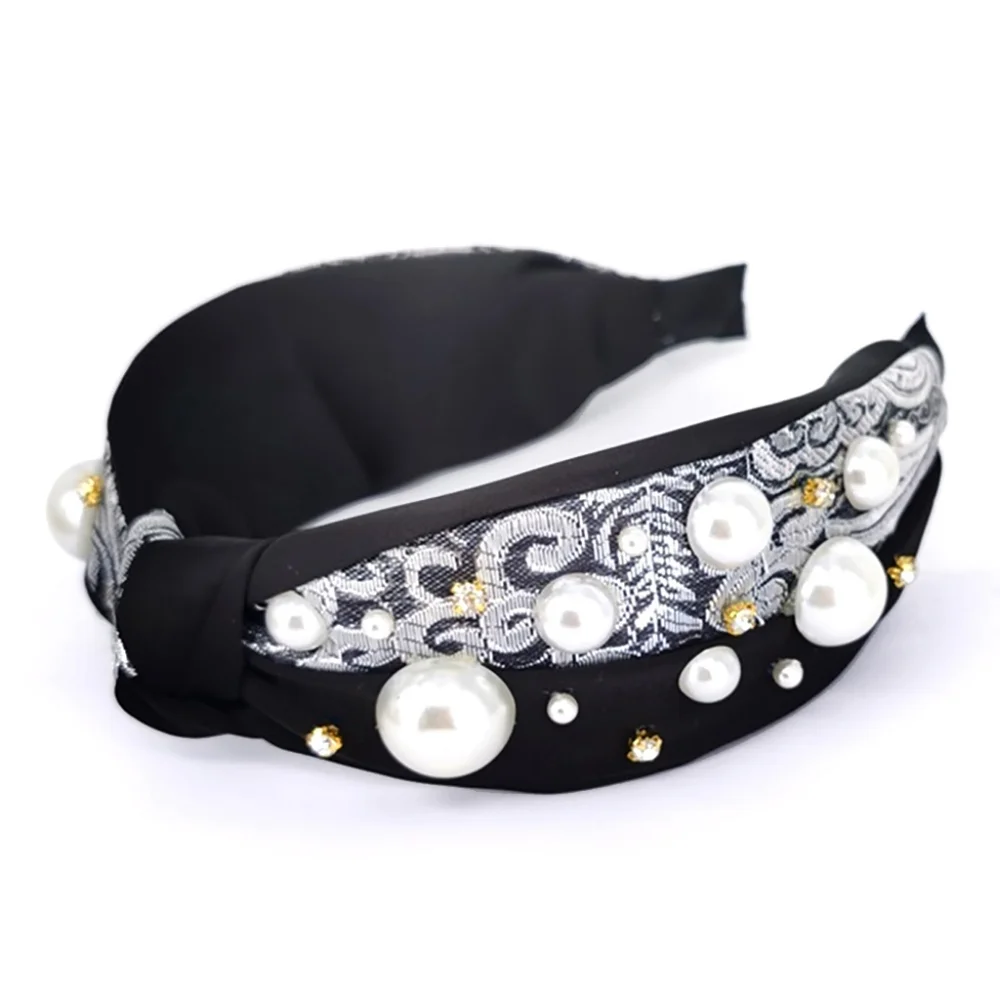 Black Pearl Rhinestone Headband Hair Bling Crystal Jeweled Statement Knot